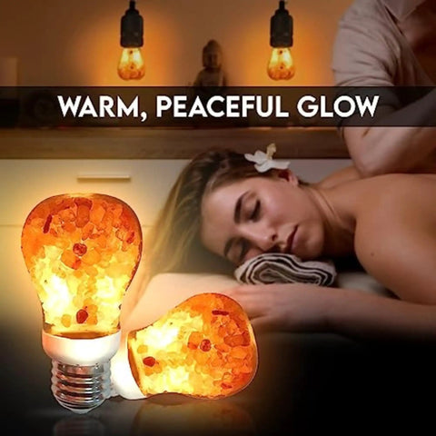 Salt Light Bulbs 60 Watt Equivalent 7W Dimmable LED A19 Salt Lamp Bulbs With Warm Amber Glow next to relaxing woman