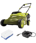 Walk-Behind Cordless Push Lawn Mower With 14 Inch Cutting Width Brushless Motor Rechargeable 4Ah Battery And Charger Green 24V For Small To Medium Lawns, front view