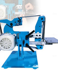 Heavy Duty 1100 Watt Electric Belt Sander Rig With Brushless Motor For Vertical Horizontal Woodworking Projects Built Tough showing blue steel frame design.