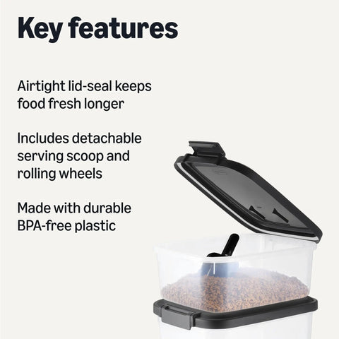 Pet Food Storage Container Set 30lb and 10lb With Scoop, Airtight BPA Free Plastic Bins For Dogs And Cats, open lid showing kibble