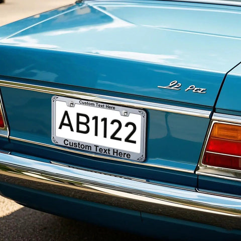 Blue car with customizable license plate frame for cars rust-proof aluminum front or rear mount dope silver finish includes screws.