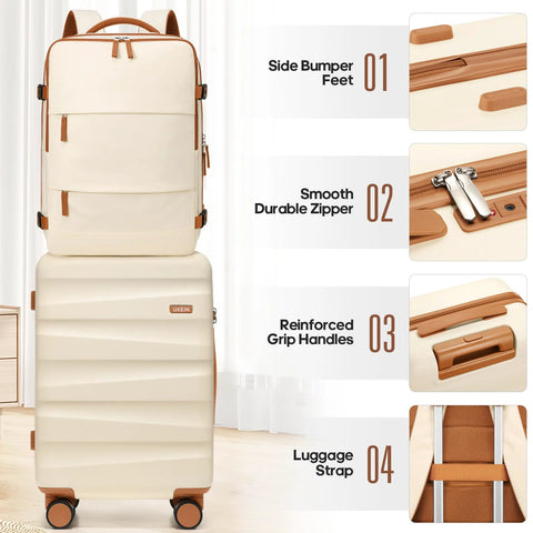 Front view of UKEIN 3-piece luggage set with backpack; beige polycarbonate suitcases with brown trim and spinner wheels.