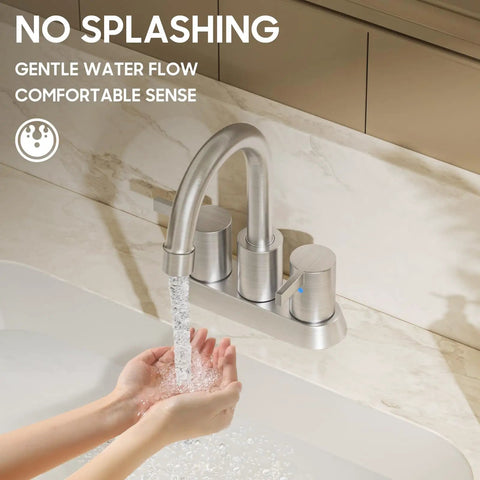 Brushed Nickel 4 Inch Centerset Bathroom Faucet With Two Handles Lead Free And Durable Includes Copper Pop Up Drain And Water Supply Lines Fits Pre Drilled Holes 1.1 To 1.38 Inches Easy Install Modern Look in use with water flowing