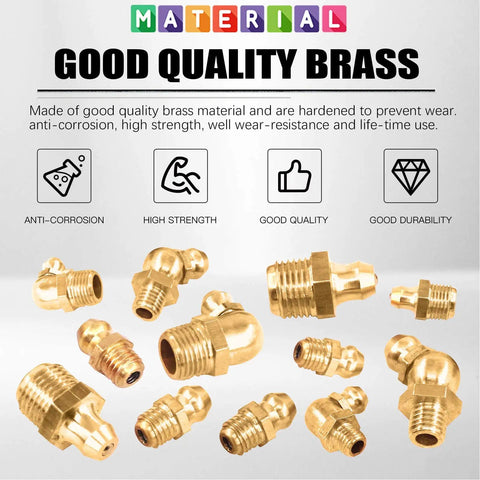 180Pcs SAE Brass Hydraulic Grease Fittings Kit Pro Grade showcasing brass fittings and material quality features.