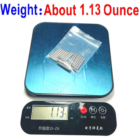 One Eighth Inch Dowel Pins Set, 20 Pieces, one inch long metal shelf pins in bag on scale showing weight of 1.13 ounces