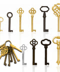 Heavy Duty Ten Piece Skeleton Key Set Milled From Solid Brass For Opening Antique Padlocks And Vintage Door Hardware, featuring ten ornate brass and iron keys.