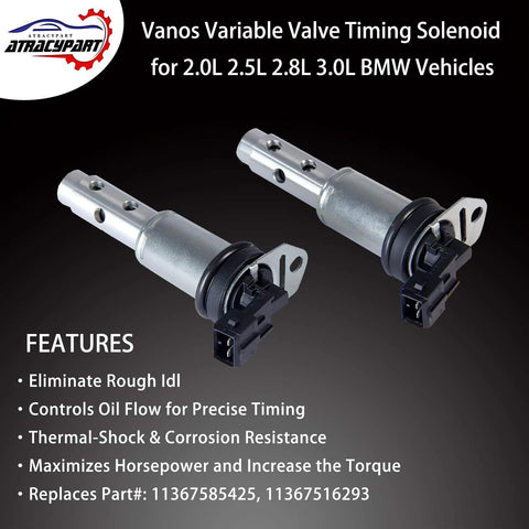 Two Pack Variable Valve Timing Vanos Solenoid VVT For BMW 3 Series And 5 Series Models Including 325i 328i 330i 335i 525i 528i 530i 535i E60 E90 N52 N54 Replaces 11367585425 11367516293 OEM Fit Solenoid Kit For Peak Engine Performance.