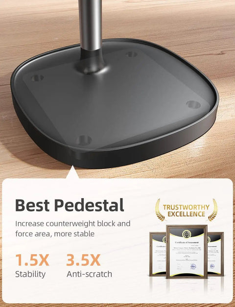 Base of Dope Ergonomic Adjustable Desk Phone Stand with stability and anti-scratch features, supporting height 7.1-8.5 inches and tilt 5-85 degrees.