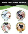 HandyClean pre-moistened lens cleaning wipes; 4 panels show eyeglasses, sunglasses, phone and tablet screens