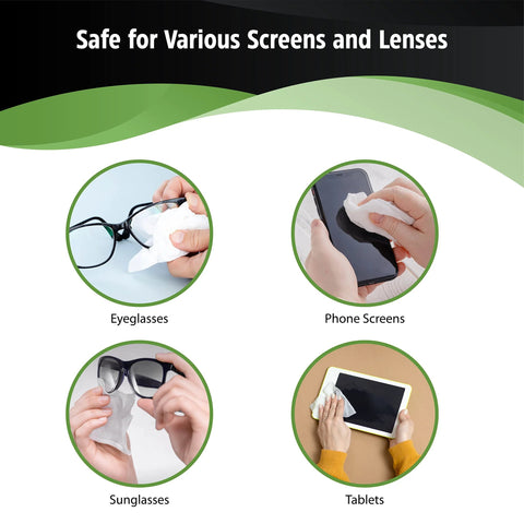 HandyClean lens cleaning wipes infographic showing uses on eyeglasses, phone screens, sunglasses, and tablets.