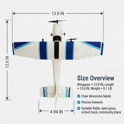 Top view of Beginner Friendly 2.4GHz RC Plane With 3 Axis Gyro, 2 Channel RTF Glider, showing dimensions and blue stripe design.