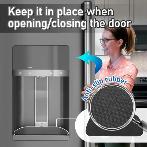 Two Pack Fridge Drip Tray Mats Cuttable 8.3 By 3.1 Inches, grey trapezoid mat with anti-slip rubber, installed on stainless fridge