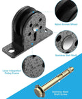 Heavy Duty Silent Pulley Block For Home Gym Lifting Wall Or Ceiling Mount Pulleys With Quiet Dual Bearing Nylon Sheaves 300 KG Load Capacity Durable Stainless Steel Wheel For Lifting Weights And Hoists, close-up view of groove wheel and lever integrated frame.