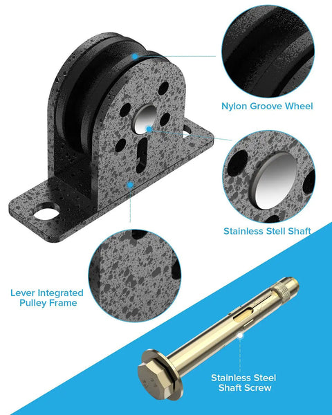 Heavy Duty Silent Pulley Block For Home Gym Lifting Wall Or Ceiling Mount Pulleys With Quiet Dual Bearing Nylon Sheaves 300 KG Load Capacity Durable Stainless Steel Wheel For Lifting Weights And Hoists, close-up view of groove wheel and lever integrated frame.