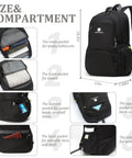 Lightweight Packable Travel Backpack 30L For Men And Women Black Foldable Daypack compartments and dimensions
