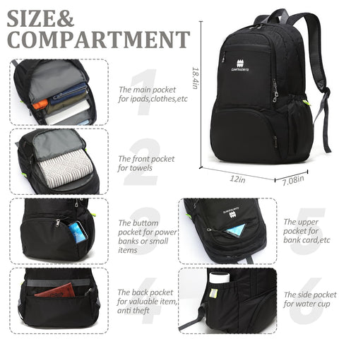 Lightweight Packable Travel Backpack 30L For Men And Women Black Foldable Daypack compartments and dimensions