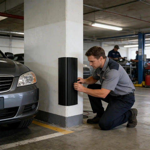 Man installing Heavy Duty Self Adhesive Garage Wall Corner Guard With Thick Eva Foam Pad to protect vehicle from scrapes.
