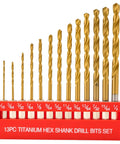 StratMet 13-piece titanium-coated HSS drill bit set with hex shanks in red case