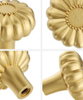 Close-up of 8 Pack Gold Brushed Brass Cabinet Knobs and Drawer Pulls, decorative solid zinc alloy, floral pumpkin shape.