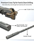 Kinspire SDS Plus masonry drill bit set, 7pcs, 6.3in (160mm), 4-cut cross tip with double thread, two-view image
