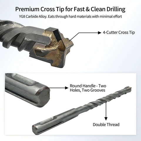 Kinspire SDS Plus masonry drill bit set, 7pcs, 6.3in (160mm), 4-cut cross tip with double thread, two-view image