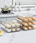 Two Layer Ramp Type Auto Rolling Egg Holder For Fridge Organizer Large Clear Egg Bin Stackable on kitchen counter.