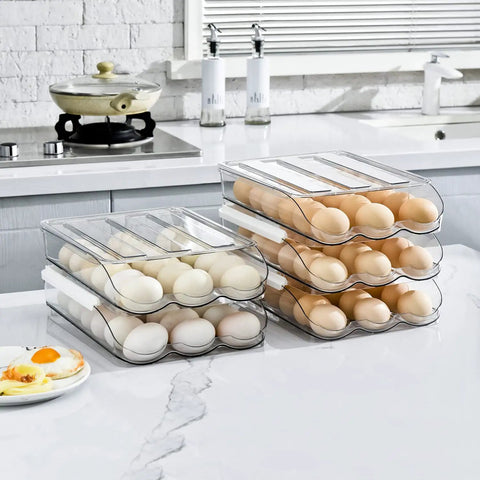 Two Layer Ramp Type Auto Rolling Egg Holder For Fridge Organizer Large Clear Egg Bin Stackable on kitchen counter.