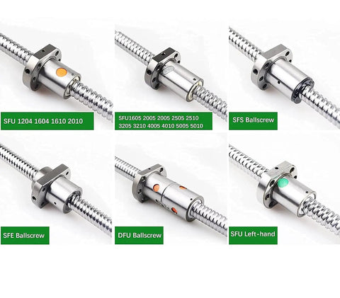 Various ball screw models including SFU 1204, SFE, DFU, and SFS ballscrews showcasing different specifications and applications.