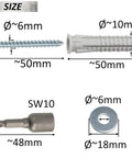 Pro Grade Dowels and Fasteners Kit for Solid Fixes, showing nylon dowel 10x50mm, hex screw 6x50mm, washer Ø18mm, socket SW10.