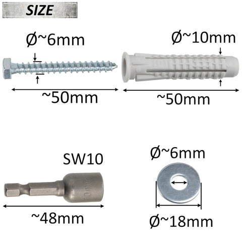 Pro Grade Dowels and Fasteners Kit for Solid Fixes, showing nylon dowel 10x50mm, hex screw 6x50mm, washer Ø18mm, socket SW10.