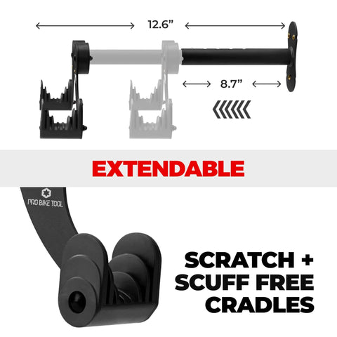 Garage Wall Mount Bike Rack With Durable Alloy Construction And Adjustable Hook Hanger For Indoor Storage showing extendable design and scratch-free cradles.