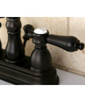 Close-up of handle on 4 In Centerset Bathroom Faucet In Oil Rubbed Bronze, Solid Brass Construction, Drip-Free Ceramic Disc