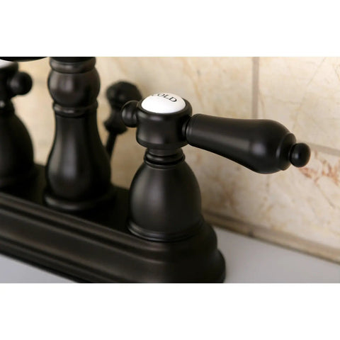 Close-up of handle on 4 In Centerset Bathroom Faucet In Oil Rubbed Bronze, Solid Brass Construction, Drip-Free Ceramic Disc