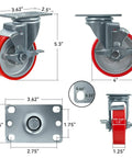 4 Inch Heavy Duty Caster Wheels Set Of 4 With Brakes 1600 Lb Load Capacity Polyurethane On Cast Iron Tread dimensions diagram