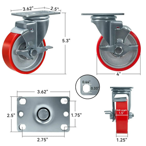 4 Inch Heavy Duty Caster Wheels Set Of 4 With Brakes 1600 Lb Load Capacity Polyurethane On Cast Iron Tread dimensions diagram