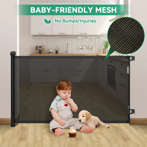 Retractable Baby Gate For Stairs And Doorways, 33 Inch Tall, Extends Up To 55 Inches Wide, space saving mesh gate in kitchen