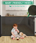 Child and dog behind Retractable Baby Gate For Wide Openings Up To 71 Inches, 33 Inches Tall, Indoor Outdoor Gate For Stairs Doorways And Hallways, Kid Friendly Pet Safe Mesh Safety Gate For Kids And Pets.