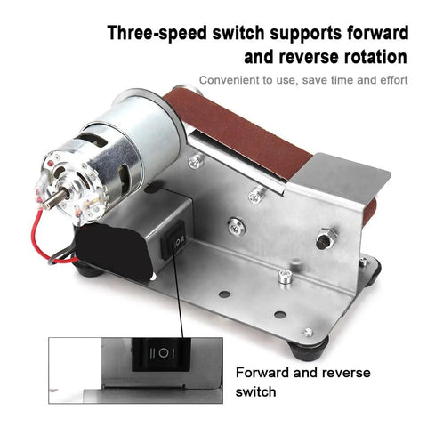 Mini Belt Sander And Grinder Machine Sharpener showing three-speed motor switch for forward and reverse rotation.