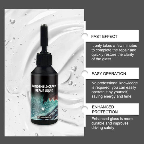 Windshield Crack Repair Kit With Nano Fluid Glass Repair Fluid For Chips Bulls Eye Cracks And Fractures In Auto Glass DIY Easy Step Kit With 20ml Twin Pack displayed on a watery background showing features like fast effect and protection.