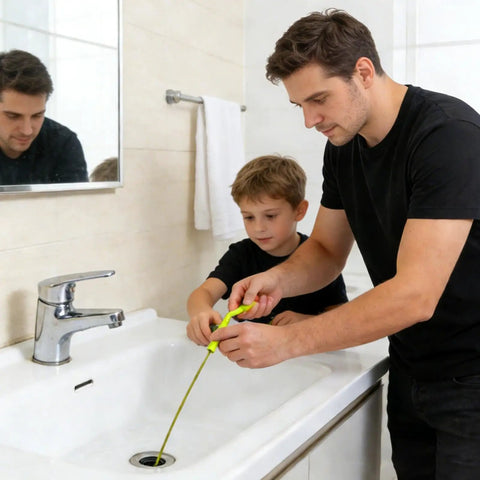 Father and son using a Flexible Drain Snake For Kitchen Sink And Bath Plumbing Portable Bendable Pipe Cleaner to unclog a sink.
