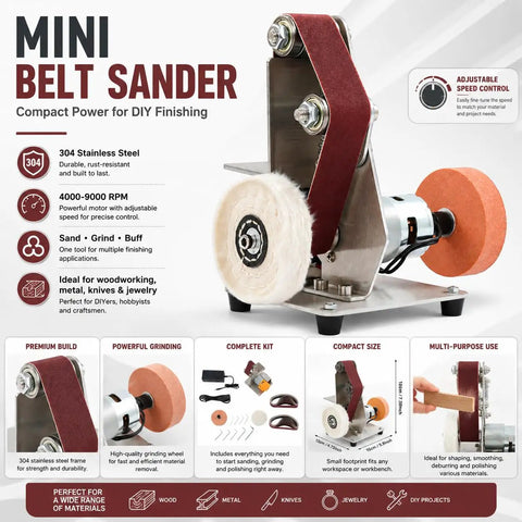 Badass Electric Belt Sander Featuring Adjustable Angle And Seven Speed Switches Spanning Four Thousand To Nine Thousand RPM for DIY finishing.