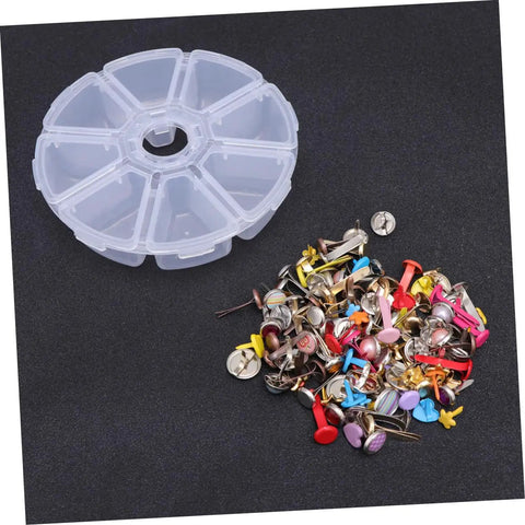 110 PCS Colorful Metal Brads Fasteners For Scrapbooking And Cardmaking in an organizer box with assorted split pins visible