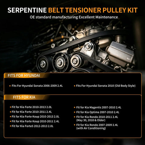 High Performance Serpentine Belt Tensioner And Idler Pulley Kit For Hyundai Sonata 2006 To 2010 And Kia Forte 2010 To 2013 With Perfect Fitment, engine belt pulleys