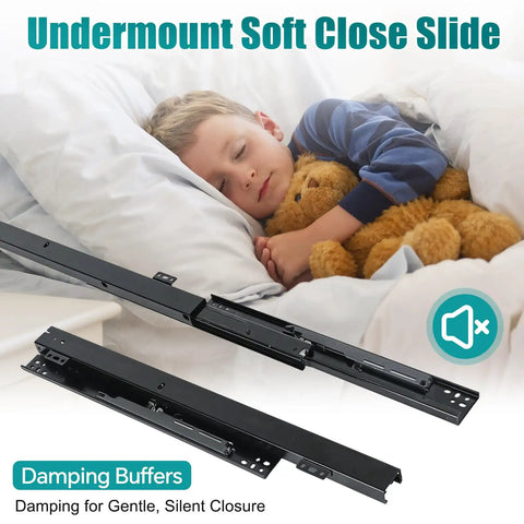 Heavy Duty Undermount Drawer Slide Bottom Mount Shelf Rail Kit For Seamless Cabinet Organization with cushioning for silent closure.