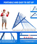 5x4Ft Rebounder Net for Volleyball Baseball Softball and Lacrosse with Quick Adjustments, shown with setup instructions.