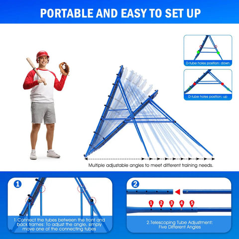 5x4Ft Rebounder Net for Volleyball Baseball Softball and Lacrosse with Quick Adjustments, shown with setup instructions.