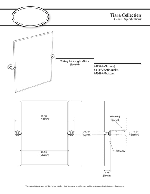 Technical drawing of Tiara Rectangular Wall Mirror In Chrome Finish, Handcrafted Metalwork With Subtle Grooved Detail dimensions