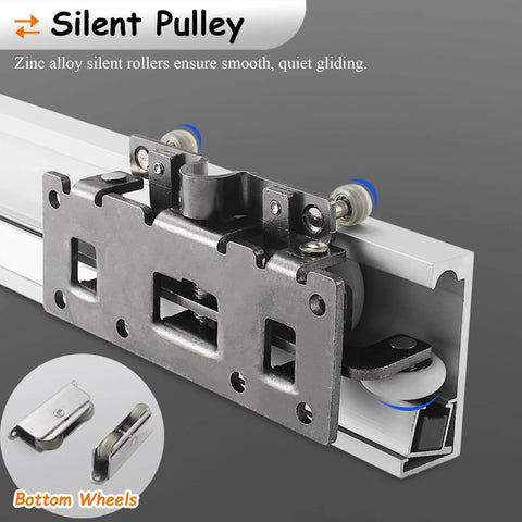Silent pulley mechanism for Hidden Sliding Door Hardware Kit With Soft Close, Slick Modern Bypass Pocket Door System.