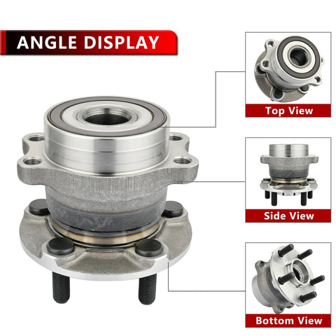 Rear Wheel Bearing And Hub Assembly Pair For Subaru Crosstrek 2016 Through 2018, Crosstrek 2019 Through 2020, Impreza 2012 Through 2021, Forester 2014 Through 2018 And XV Crosstrek 2013 Through 2015 5 Lug Durable OEM Grade displayed in multiple angles with top, side, and bottom views shown.