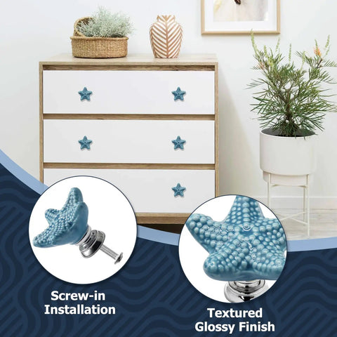 Super Snazzy Coastal Blue Ceramic Starfish Drawer Knobs 4 Pack With Solid Zinc Alloy Mounts For Kitchen Cabinet Makeover Legit Glossy Finish on white dresser.